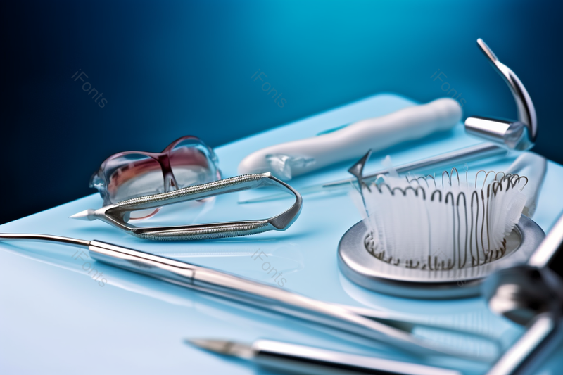 蓝色背景不锈钢医疗牙科工具凌乱摆放摄影图,高清,摄影图,摄影图片,图片大全,摄影图免费下载